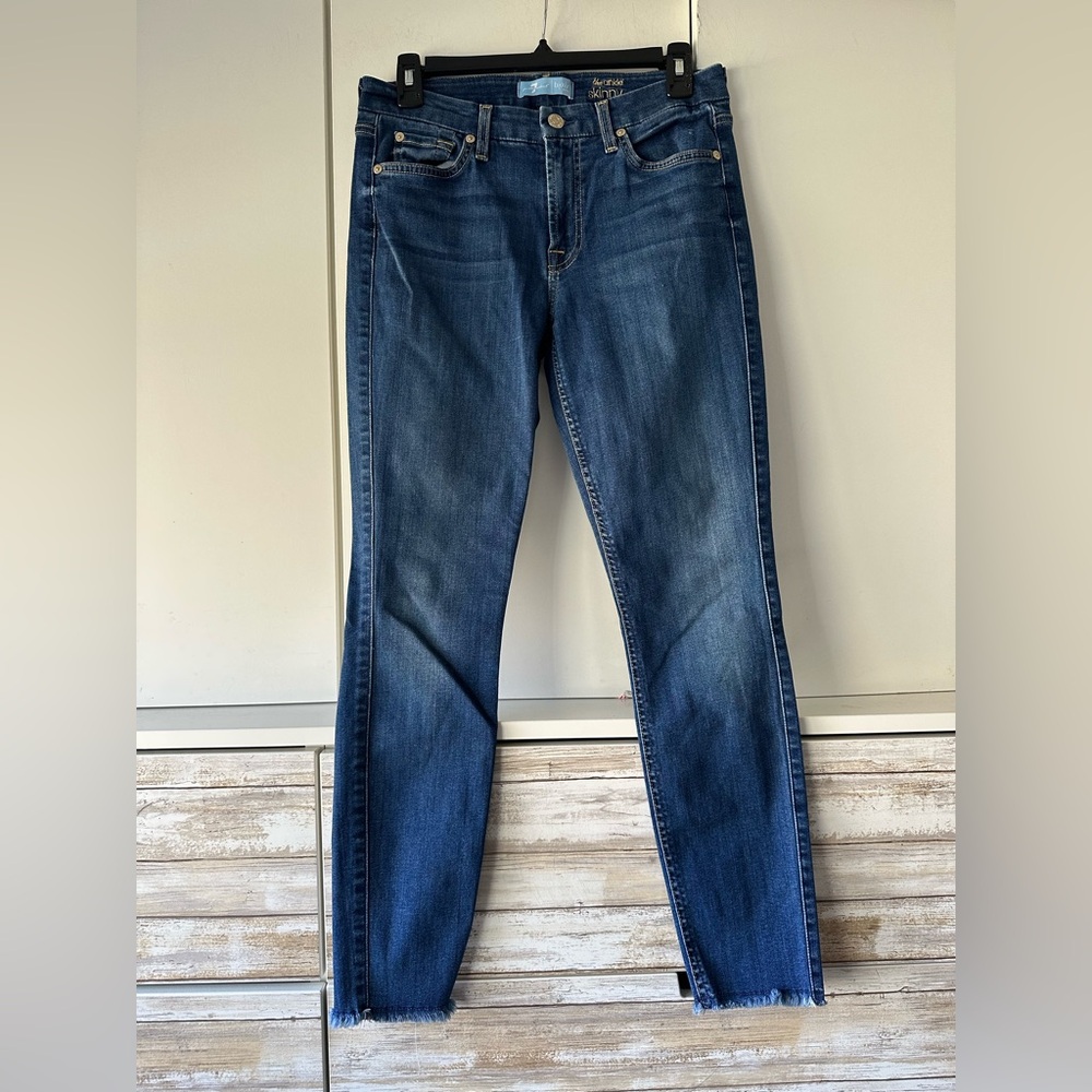 👖 7 For All Mankind “The Ankle Skinny” Jeans Size 28 Dark Wash Raw Hem. 7Fam